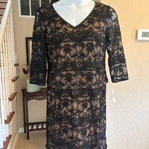 NWT Alex Evenings Black Lace Over Nude Cocktail Dress Flattering Style 14